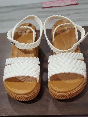 CROCS White Braided Platform Sandals with Tan Footbed